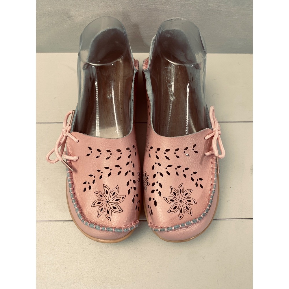 Socofy Pink Leather Floral Laser Cut Moccasin Loafers Womens Size 38 7.5 Shoes